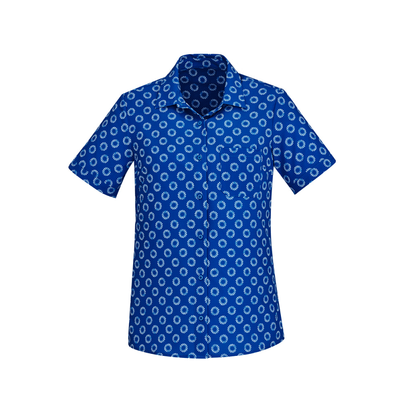 Womens Stretch Daisy Print Short Sleeve Shirt Electric Blue