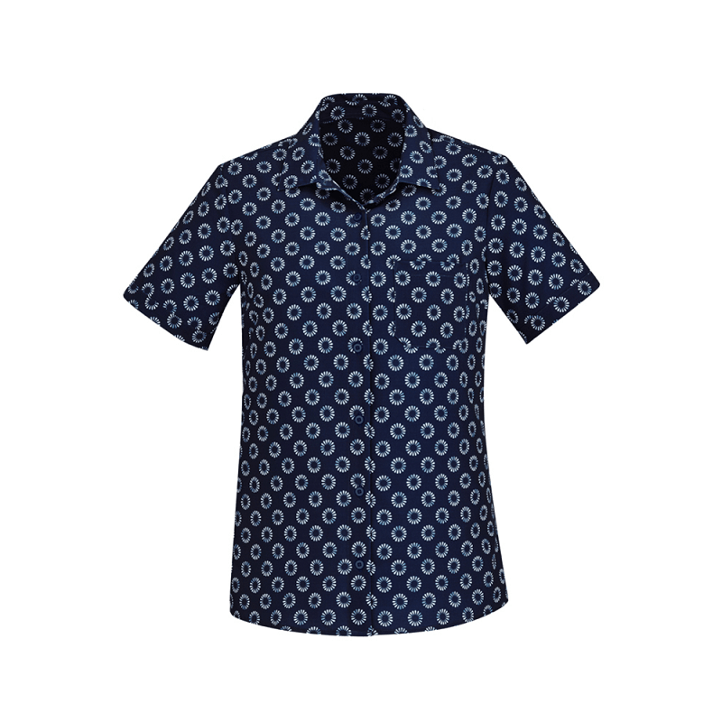 Womens Stretch Daisy Print Short Sleeve Shirt Navy