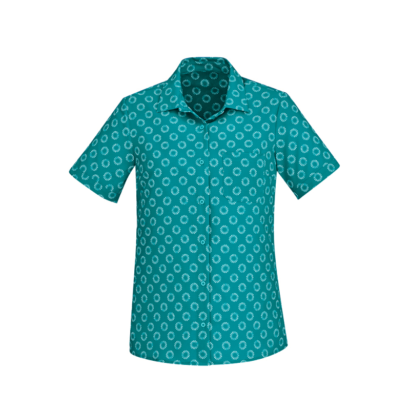 Womens Stretch Daisy Print Short Sleeve Shirt Teal