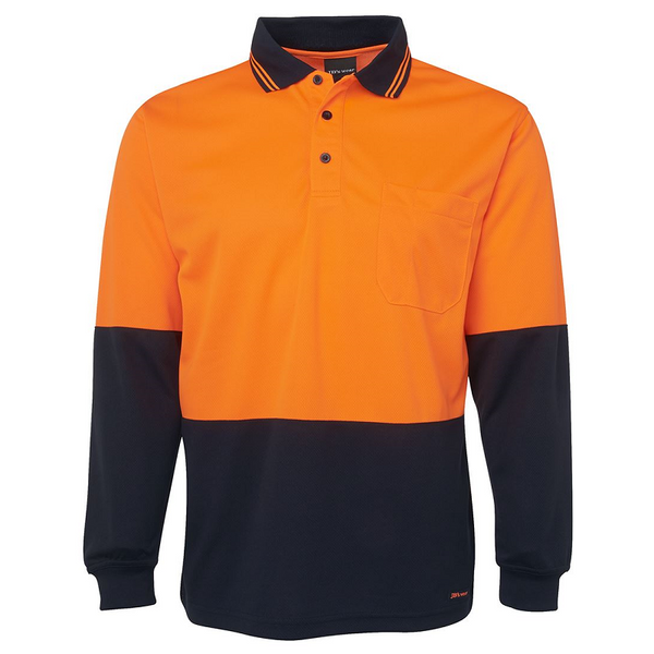 JB'S Wear Mens Long Sleeve Hi Vis Polo Shirt Orange/Navy