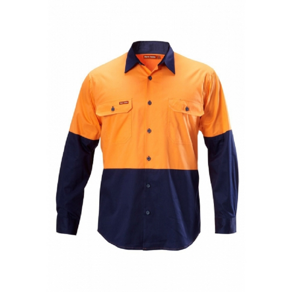 Hard Yakka Hi Vis Vented Long Sleeve Shirt Orange/Navy