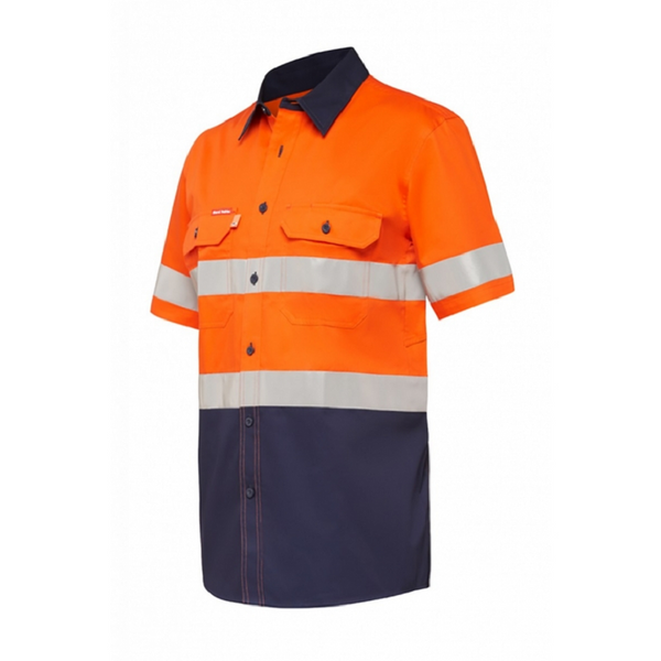 Hard Yakka Hi Vis Taped Vented Short Sleeve Shirt Orange/Navy