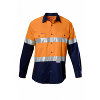 Hard Yakka Mens Hi Vis Vented Taped Long Sleeve Shirt Orange/Navy